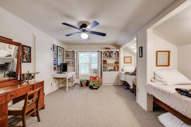 bedroom with carpet floors, a ceiling fan, and vaulted ceiling