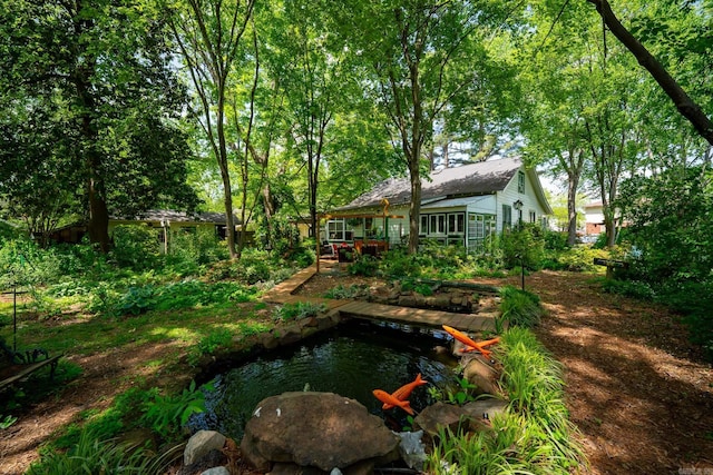 view of yard featuring a small pond