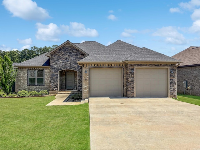 8 Sayde Ln, Sheridan, AR 72150 - french country style house featuring a garage, concrete driveway, a front yard, roof with shingles, and stone siding