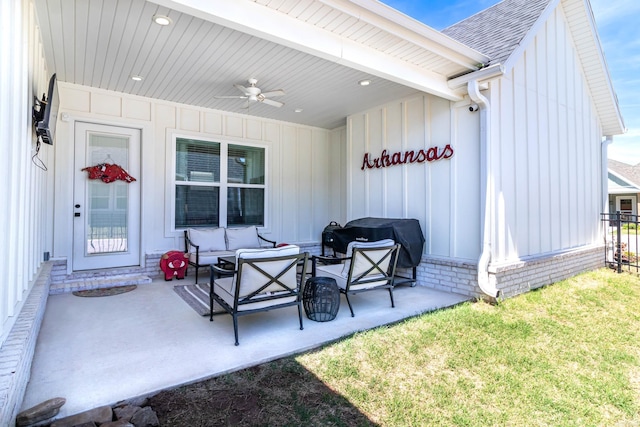 view of patio featuring fence, an outdoor living space, a ceiling fan, and a grill