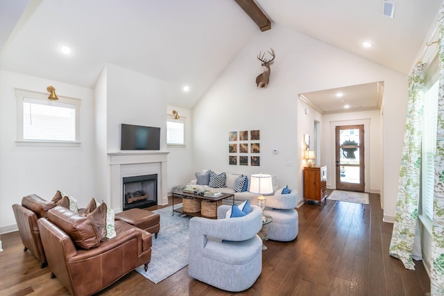 living room with high vaulted ceiling, dark wood finished floors, beam ceiling, and visible vents