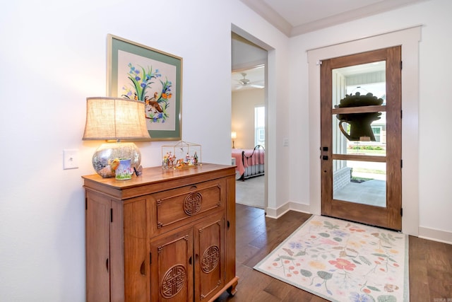 entryway featuring baseboards, ornamental molding, dark wood finished floors, and ceiling fan