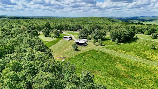 drone / aerial view featuring a rural view and a forest view