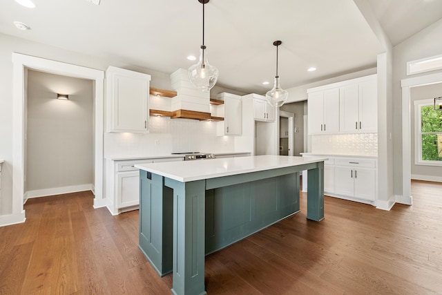 kitchen with open shelves, baseboards, recessed lighting, white cabinetry, and tasteful backsplash