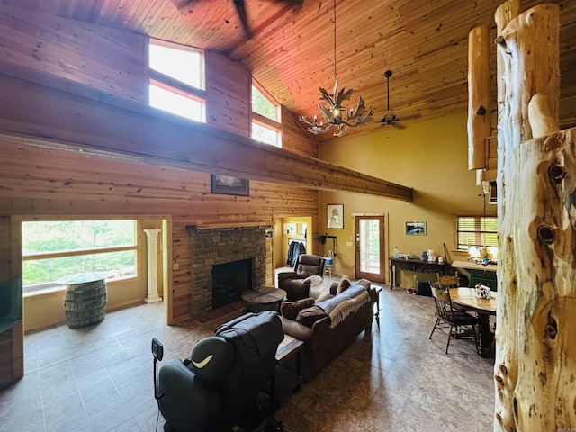 living area featuring high vaulted ceiling, plenty of natural light, and wood ceiling