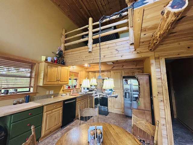 kitchen with black dishwasher, high vaulted ceiling, stainless steel fridge, light countertops, and wooden ceiling