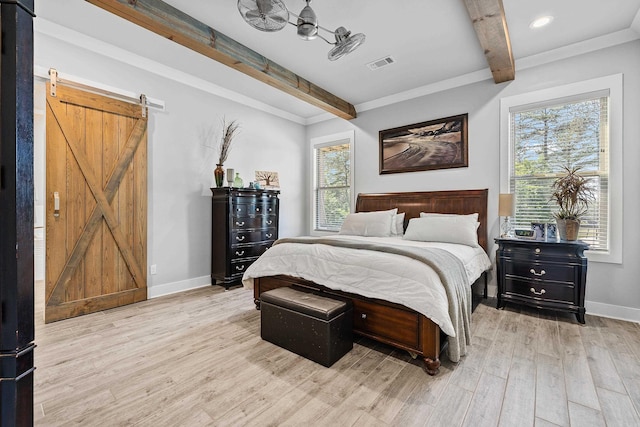 bedroom featuring recessed lighting, baseboards, wood finished floors, beamed ceiling, and visible vents