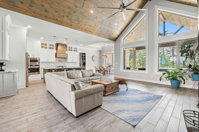 living area with baseboards, high vaulted ceiling, wood ceiling, a ceiling fan, and light wood-style flooring