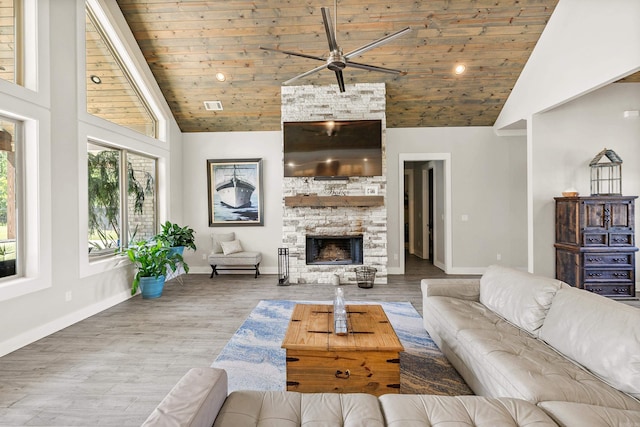 living area featuring wood ceiling, ceiling fan, high vaulted ceiling, and visible vents