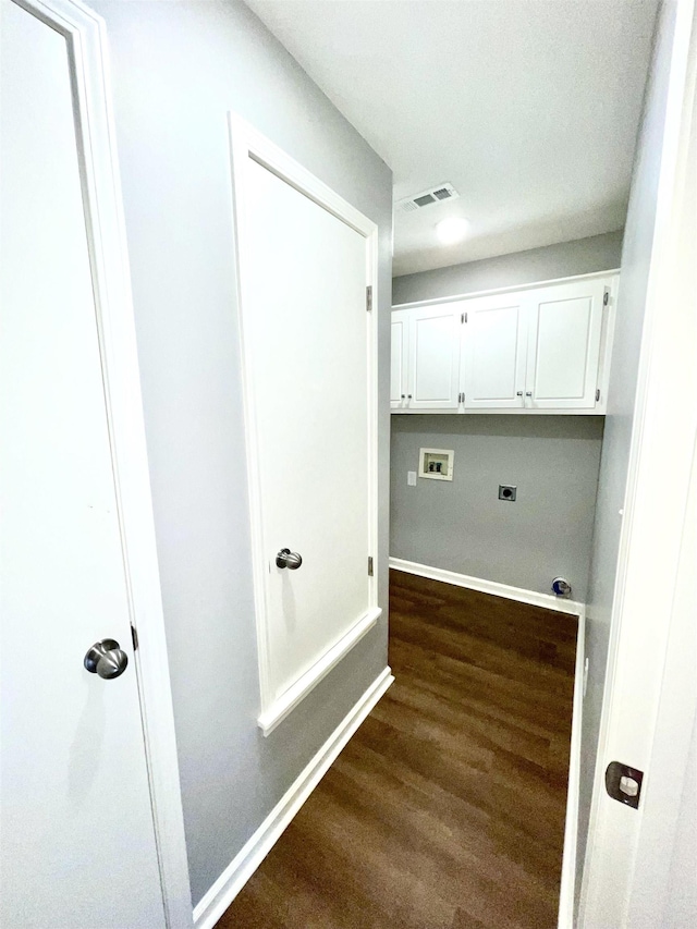 104 Louis, Searcy, AR 72143 - clothes washing area featuring electric dryer hookup, cabinet space, baseboards, dark wood-style floors, and hookup for a washing machine