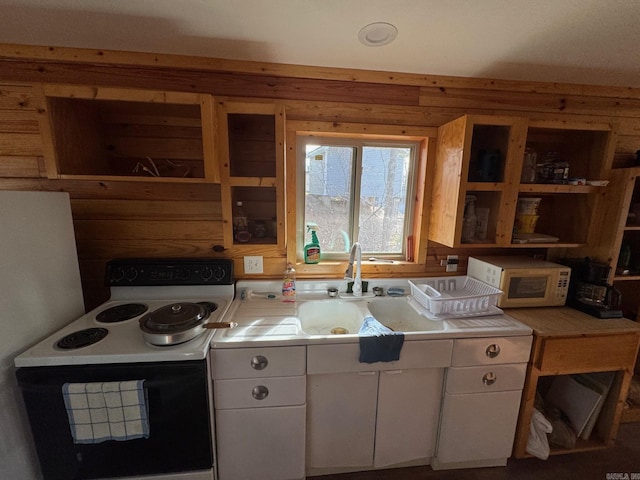 kitchen featuring electric range, a sink, light countertops, white cabinetry, and white microwave