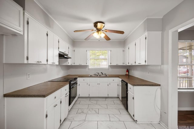 kitchen featuring marble finish floor, dark countertops, under cabinet range hood, a sink, and black appliances