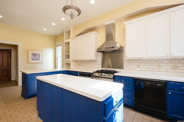 kitchen with wall chimney range hood, tasteful backsplash, black dishwasher, and blue cabinetry