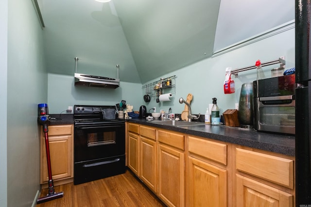 kitchen featuring a sink, dark wood finished floors, extractor fan, lofted ceiling, and black range with electric cooktop