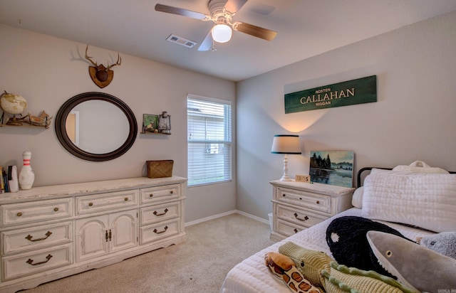 bedroom with baseboards, ceiling fan, light carpet, and visible vents