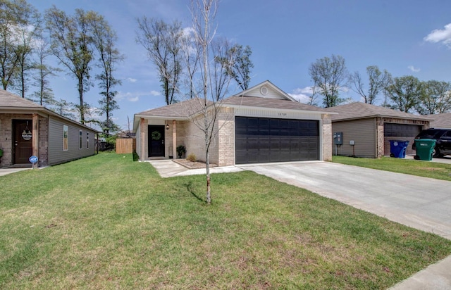 ranch-style house with brick siding, a garage, a front lawn, and concrete driveway