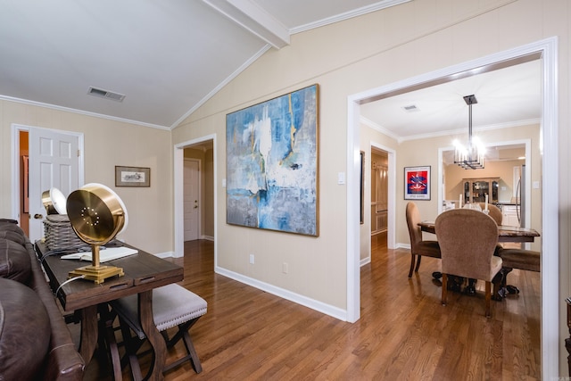 interior space featuring crown molding, an inviting chandelier, vaulted ceiling with beams, wood finished floors, and visible vents