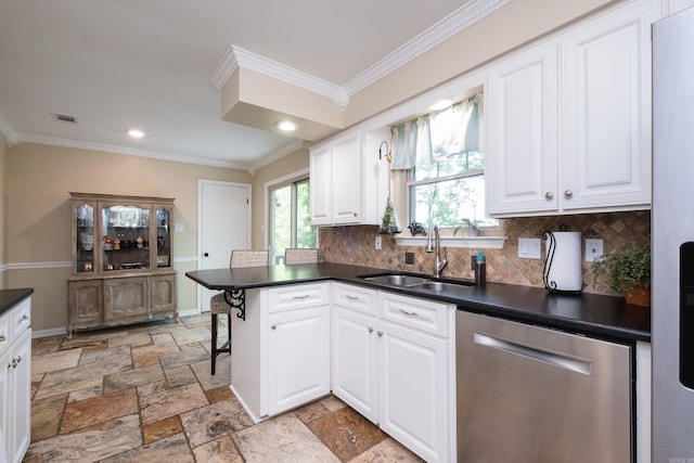 kitchen featuring stainless steel dishwasher, a sink, crown molding, and visible vents