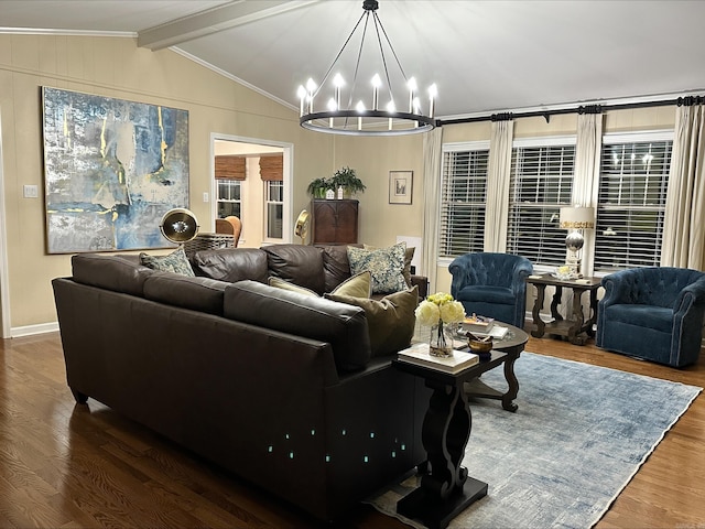 living area with ornamental molding, wood finished floors, baseboards, a chandelier, and lofted ceiling with beams