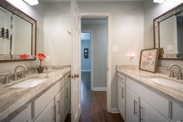 bathroom with two vanities, a sink, and wood finished floors