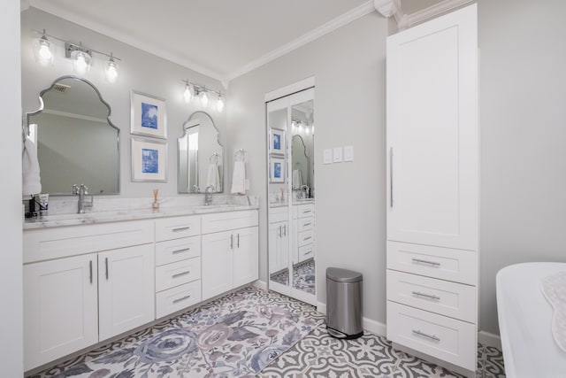 full bath featuring double vanity, a sink, a soaking tub, and ornamental molding