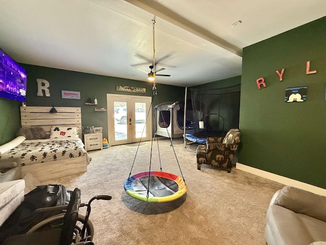 game room with french doors, carpet, ceiling fan, and baseboards