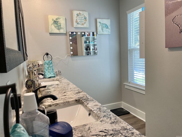 bathroom featuring double vanity, baseboards, a sink, and wood finished floors