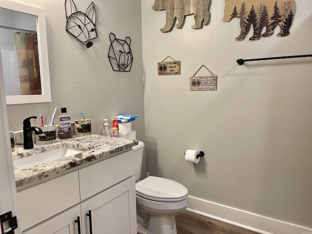 bathroom with vanity, baseboards, toilet, and wood finished floors