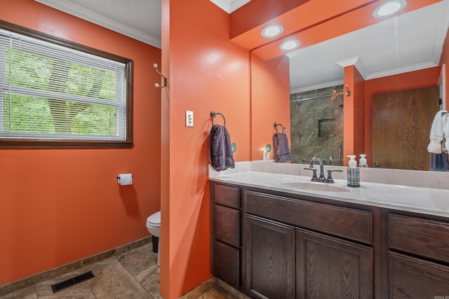15 Tarifa Ln, Hot Springs Village, AR 71909 - bathroom featuring visible vents, crown molding, vanity, baseboards, and a tile shower