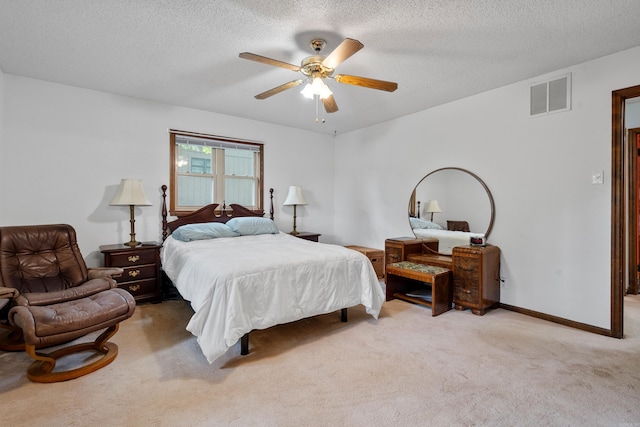 15 Tarifa Ln, Hot Springs Village, AR 71909 - carpeted bedroom with a textured ceiling, ceiling fan, visible vents, and baseboards