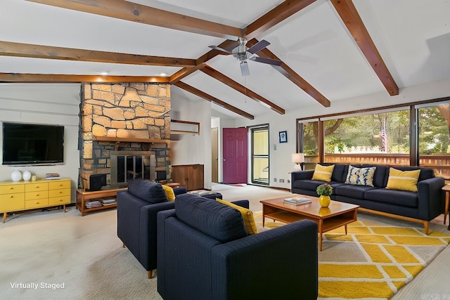 15 Tarifa Ln, Hot Springs Village, AR 71909 - living room with vaulted ceiling with beams, a ceiling fan, a fireplace, and light colored carpet