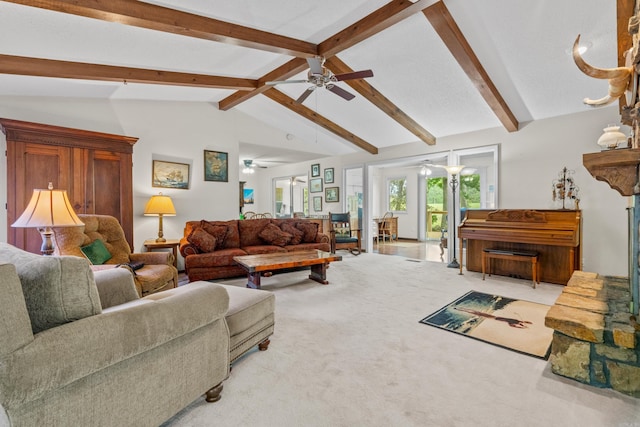 15 Tarifa Ln, Hot Springs Village, AR 71909 - living room featuring carpet flooring, a ceiling fan, and vaulted ceiling with beams