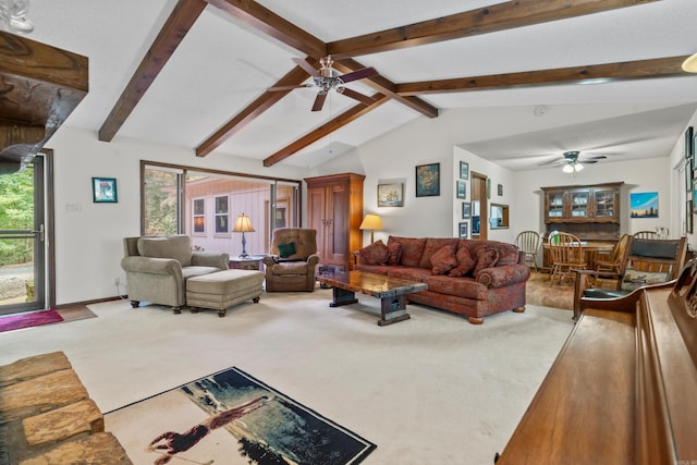 15 Tarifa Ln, Hot Springs Village, AR 71909 - living area with plenty of natural light, ceiling fan, lofted ceiling with beams, and carpet flooring