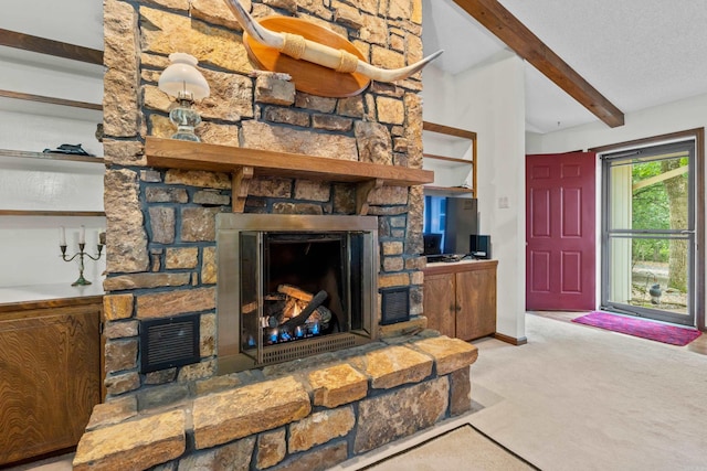 15 Tarifa Ln, Hot Springs Village, AR 71909 - living area with carpet floors, beam ceiling, visible vents, and a fireplace