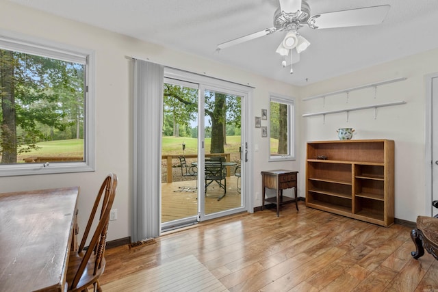 15 Tarifa Ln, Hot Springs Village, AR 71909 - entryway with visible vents, baseboards, ceiling fan, and wood finished floors