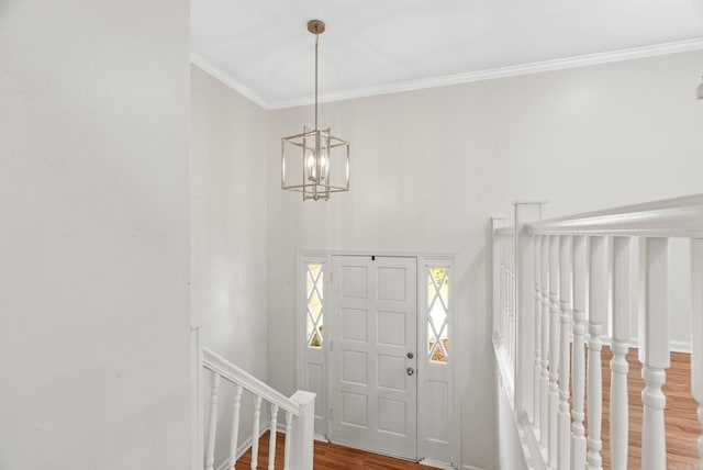 entrance foyer with crown molding, a high ceiling, a notable chandelier, and wood finished floors