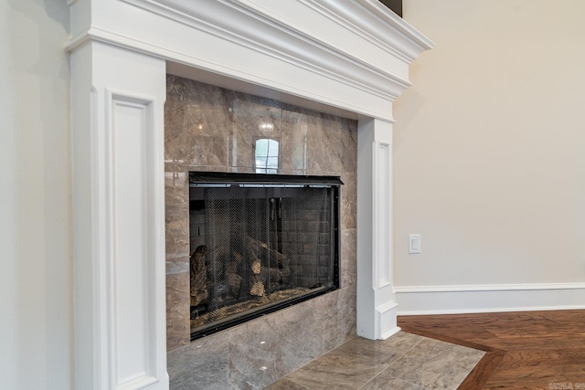 room details with a tiled fireplace