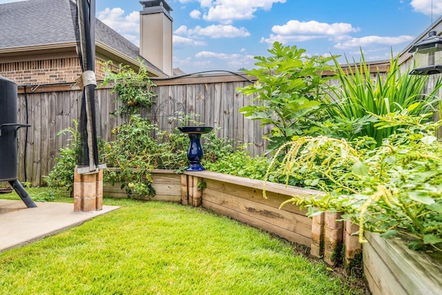 view of yard featuring a fenced backyard and a garden
