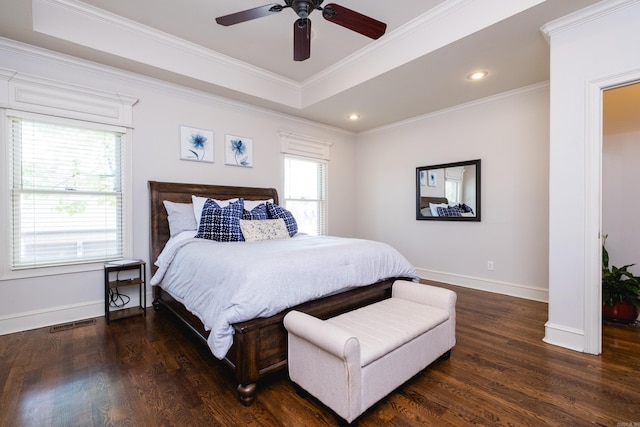 bedroom with baseboards, ornamental molding, recessed lighting, and wood finished floors
