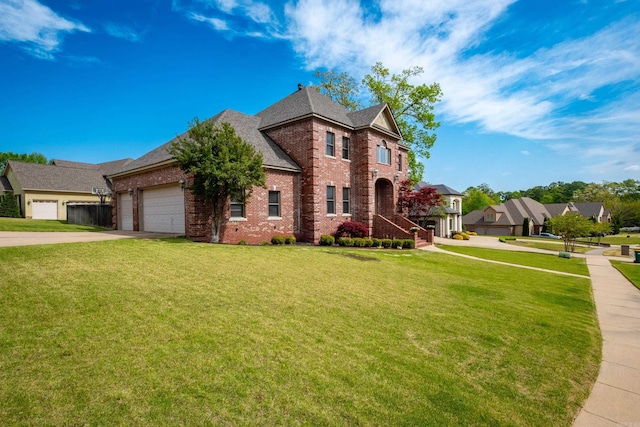 french country style house featuring driveway, roof with shingles, brick siding, a front lawn, and an attached garage