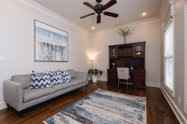 office with ceiling fan, a healthy amount of sunlight, and wood finished floors