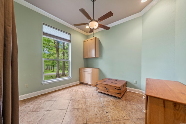 unfurnished bedroom featuring recessed lighting, baseboards, a ceiling fan, light tile patterned floors, and ornamental molding