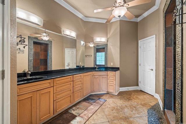 full bath with crown molding, a sink, ceiling fan, and double vanity