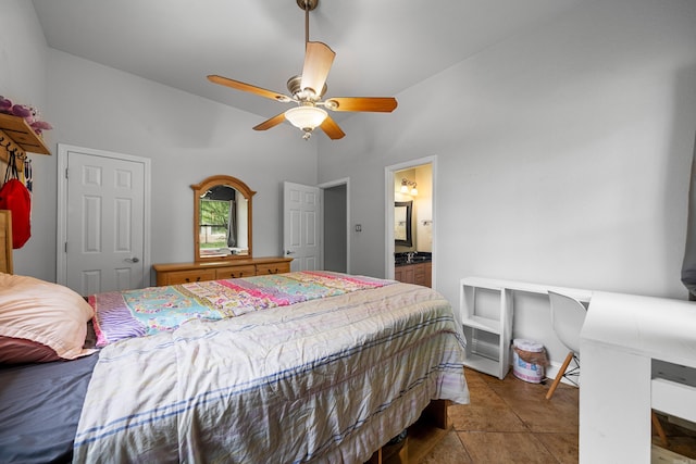 bedroom featuring ensuite bathroom, a ceiling fan, and high vaulted ceiling