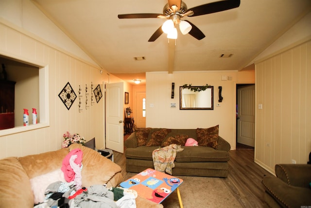6606 Silver Ct, Little Rock, AR 72209 - living room featuring visible vents, ceiling fan, wood finished floors, and vaulted ceiling