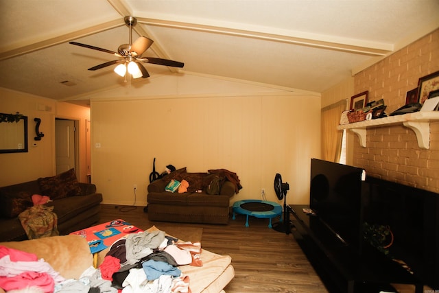 6606 Silver Ct, Little Rock, AR 72209 - living room featuring vaulted ceiling with beams, a ceiling fan, and wood finished floors