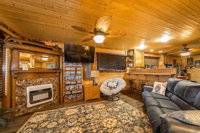 4 Long Hill Rd, Higden, AR 72067 - living room with a ceiling fan, heating unit, wood finished floors, and wood ceiling
