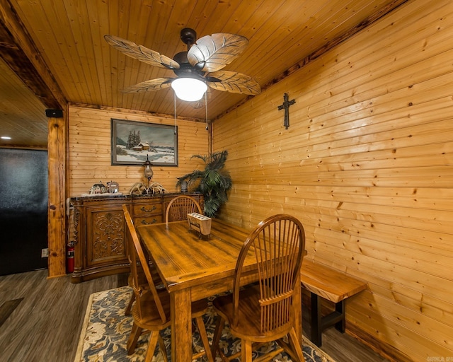 4 Long Hill Rd, Higden, AR 72067 - dining area featuring wood ceiling, ceiling fan, wood walls, and wood finished floors