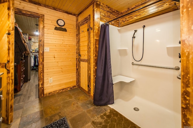 4 Long Hill Rd, Higden, AR 72067 - full bathroom featuring wooden ceiling, stone finish floor, wood walls, and a shower with shower curtain