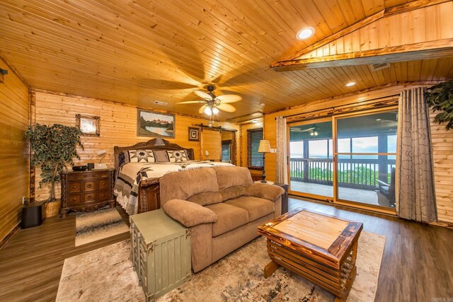 4 Long Hill Rd, Higden, AR 72067 - bedroom with wooden walls, access to exterior, wood ceiling, and wood finished floors